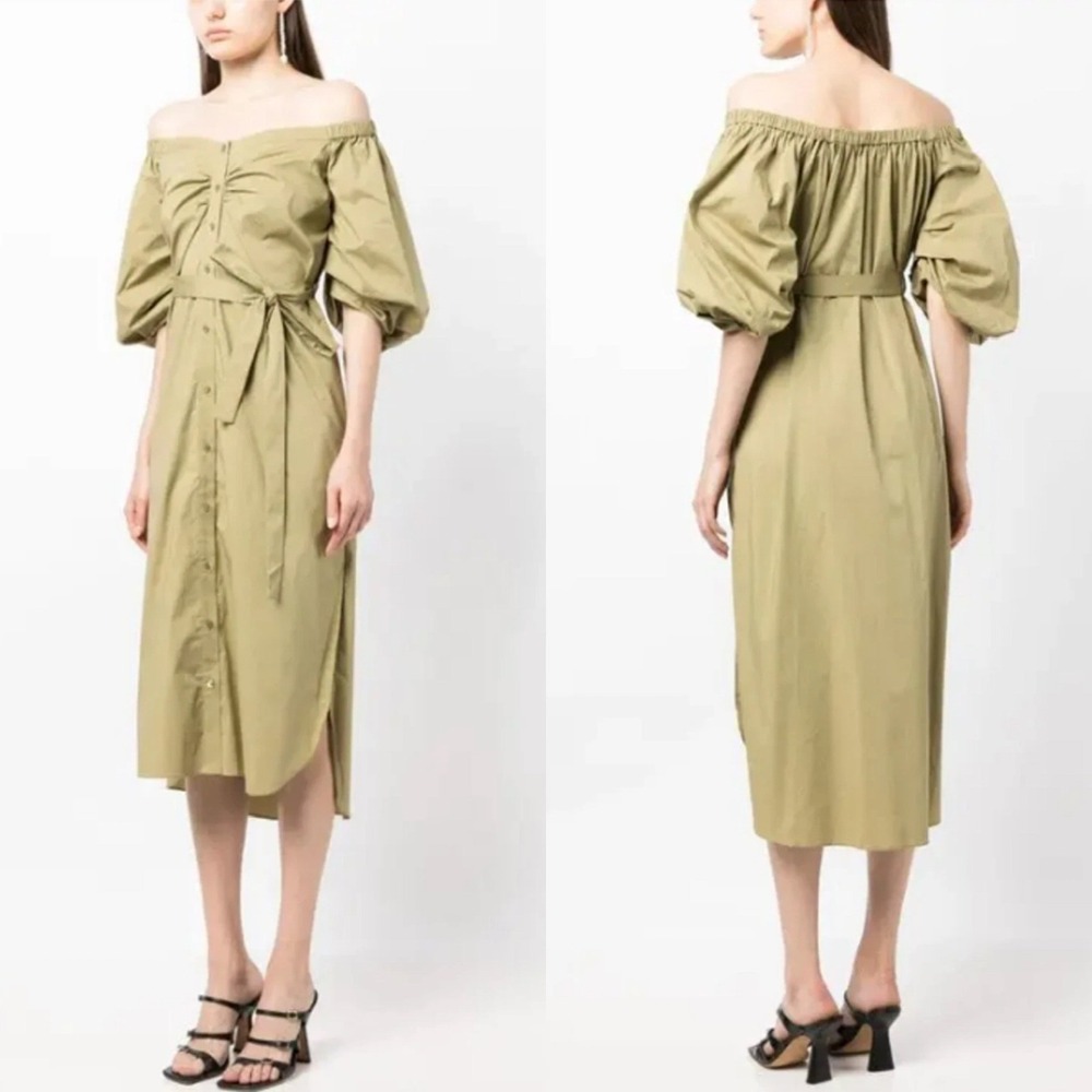 STAUD Reese Dress Khaki Puff Sleeve Midi Cotton Size XS Capsule Minimalist NEW - Picture 1 of 12